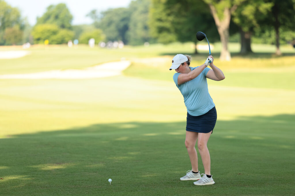 Ryanne Jackson plays her tee shot on the first hole during a practice round ahead of the 2026 U.S. Adaptive Open.
