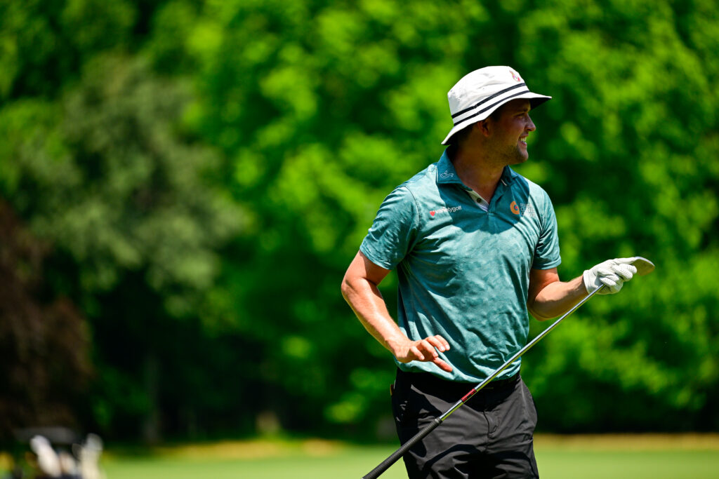 Kipp Popert reacts before his tee shot on the 15th hole during a practice round ahead of the 2026 U.S. Adaptive Open.