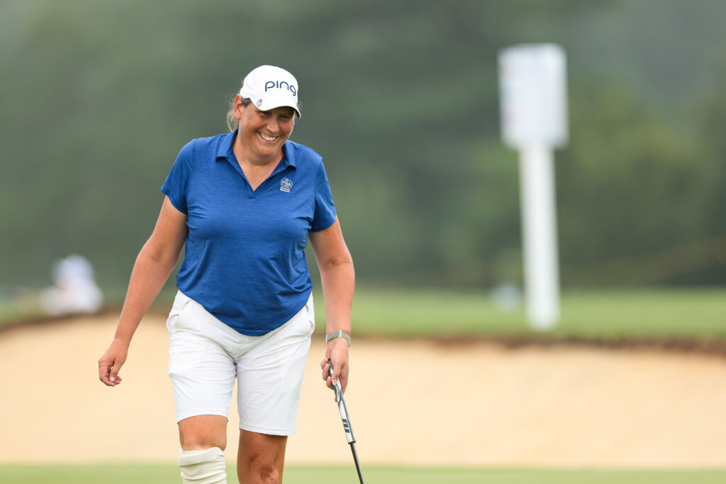 Kim Moore reacts after missing her putt on the ninth hole during the first round of the 2026 U.S. Adaptive Open.