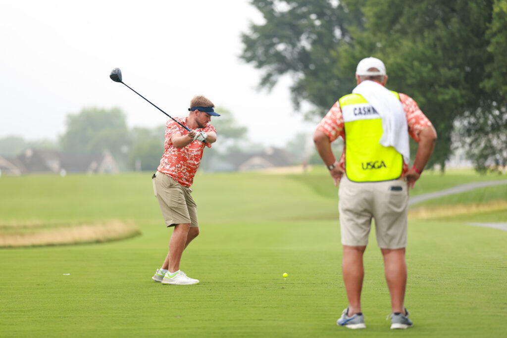 Tyler Cashman plays his tee shot on the ninth hole during the second round of the 2026 U.S. Adaptive Open.