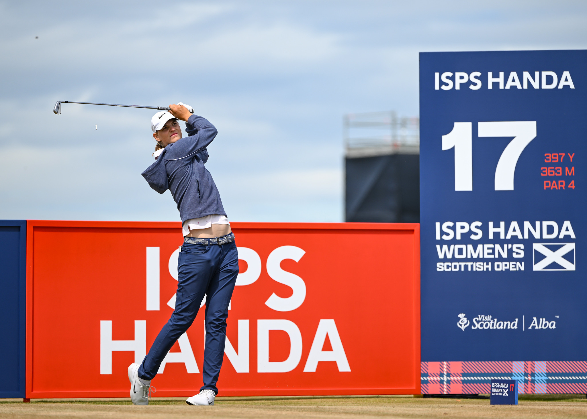 Helen Briem tees off the 17th hole during the pro-am for the 2026 ISPS HANDA Women's Scottish Open.