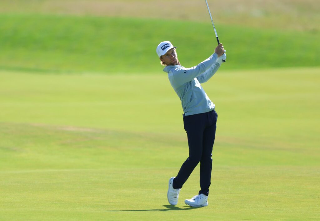 Rasmus Neergaard-Petersen hits an approach shot during a practice round at the 2026 Danish Golf Championship.