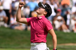 Akie Iwai celebrates her win of the 2025 Standard Portland Classic with a fist pump.
