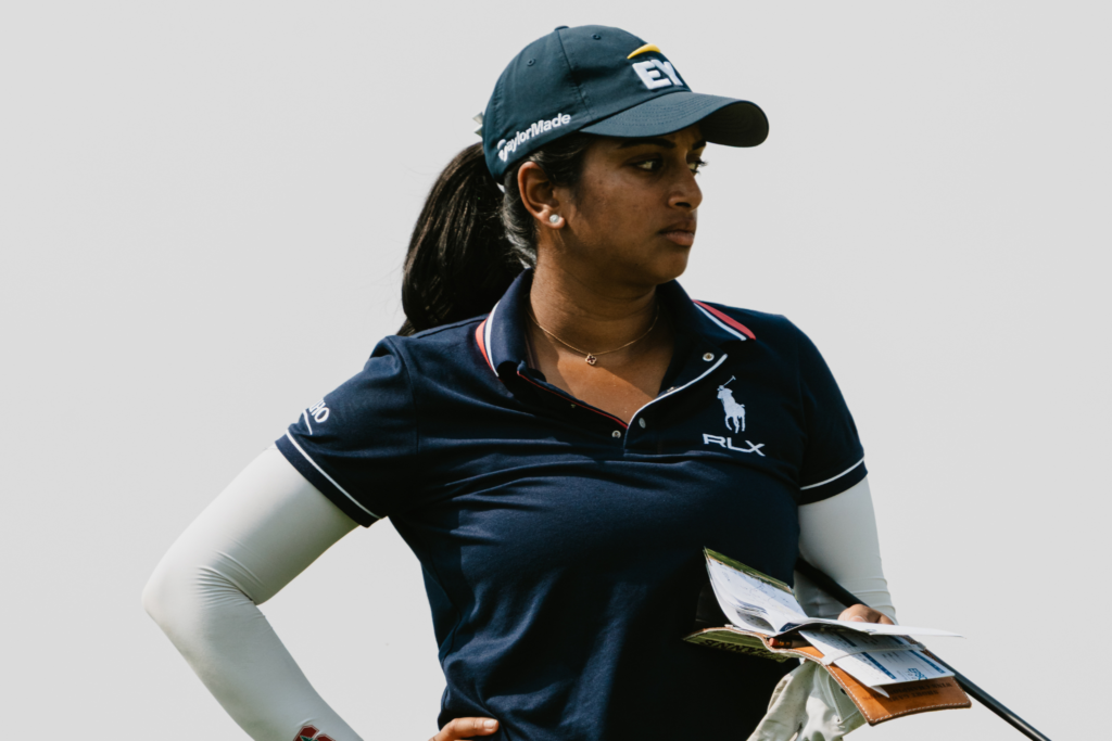 Megha Ganne looks down the fairway with her yardage book at the 2026 Wildhorse Ladies Golf Classic.