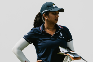 Megha Ganne looks down the fairway with her yardage book at the 2026 Wildhorse Ladies Golf Classic.