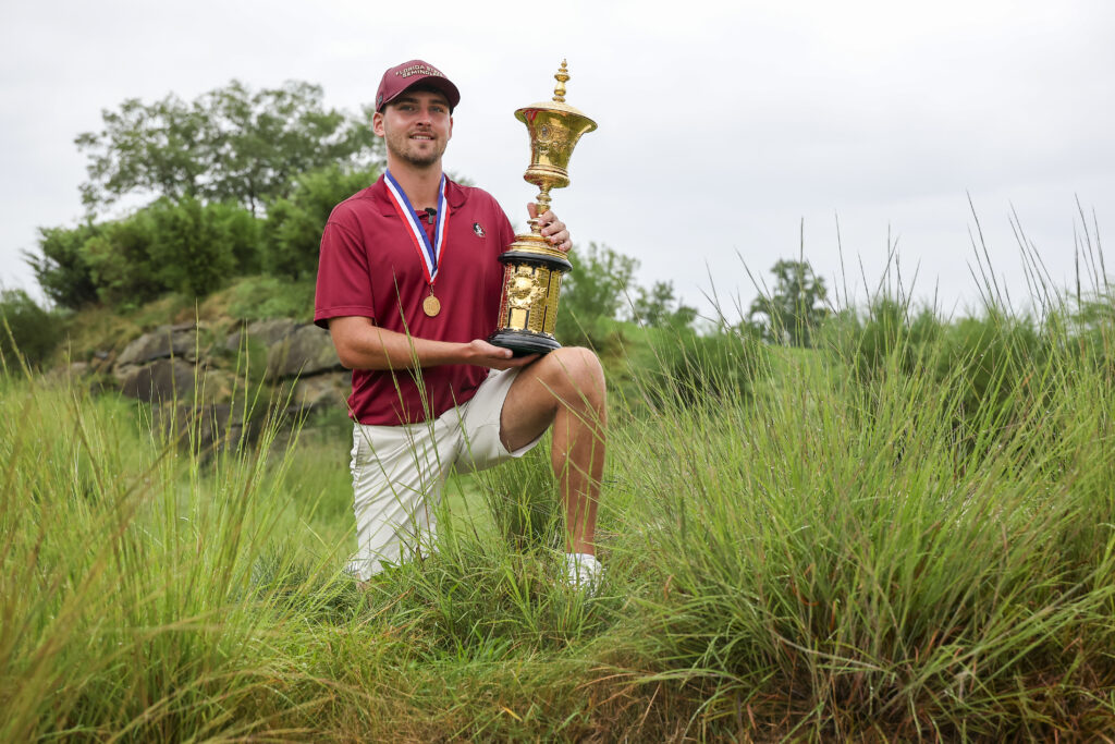 2026 U.S. Amateur Champion Jack Whaley poses for a photo with the Havemeyer Trophy after winning 4 and 3 at the 33rd hole.