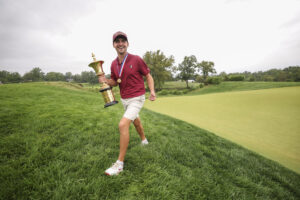 2026 U.S. Amateur Champion Jack Whaley walks with the Havemeyer Trophy after winning at Merion Golf Club.