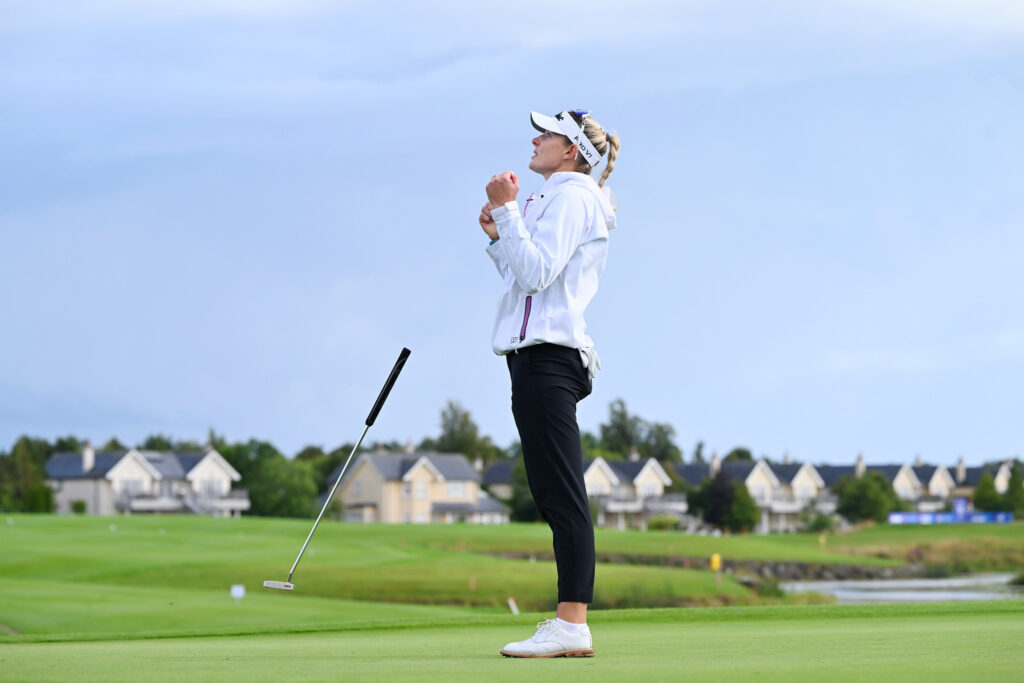 Casandra Alexander drops her putter after realizing she won the KPMG Women's Irish Open.