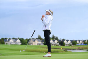 Casandra Alexander drops her putter after realizing she won the KPMG Women's Irish Open.