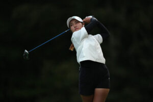 Miranda Wang of China plays her shot from the 18th tee during the third round of the 2025 FM Championship 2025 at TPC Boston.