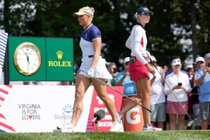 Nelly Korda faces off against Charley Hull in Singles during the 2024 Solheim Cup.