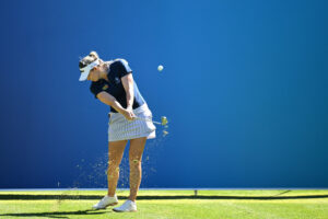 Casandra Alexander tees off during a practice round at the 2026 Aramco Korea Championship, where she can clinch LET Order of Merit leader.