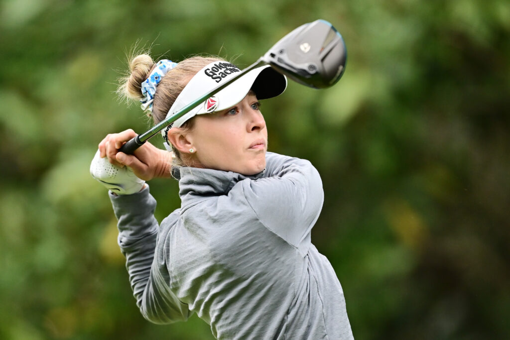 Nelly Korda plays her shot from the first tee during the third round of the 2026 Hilton Grand Vacations Tournament of Champions.